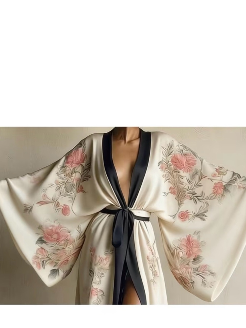 Elegant Floral Cream Kimono Robe with Black Trim - Picture 2 of 8